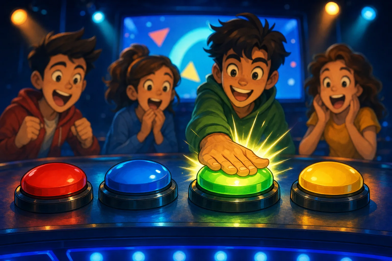 Four game-show buzzers with one lit up after a press