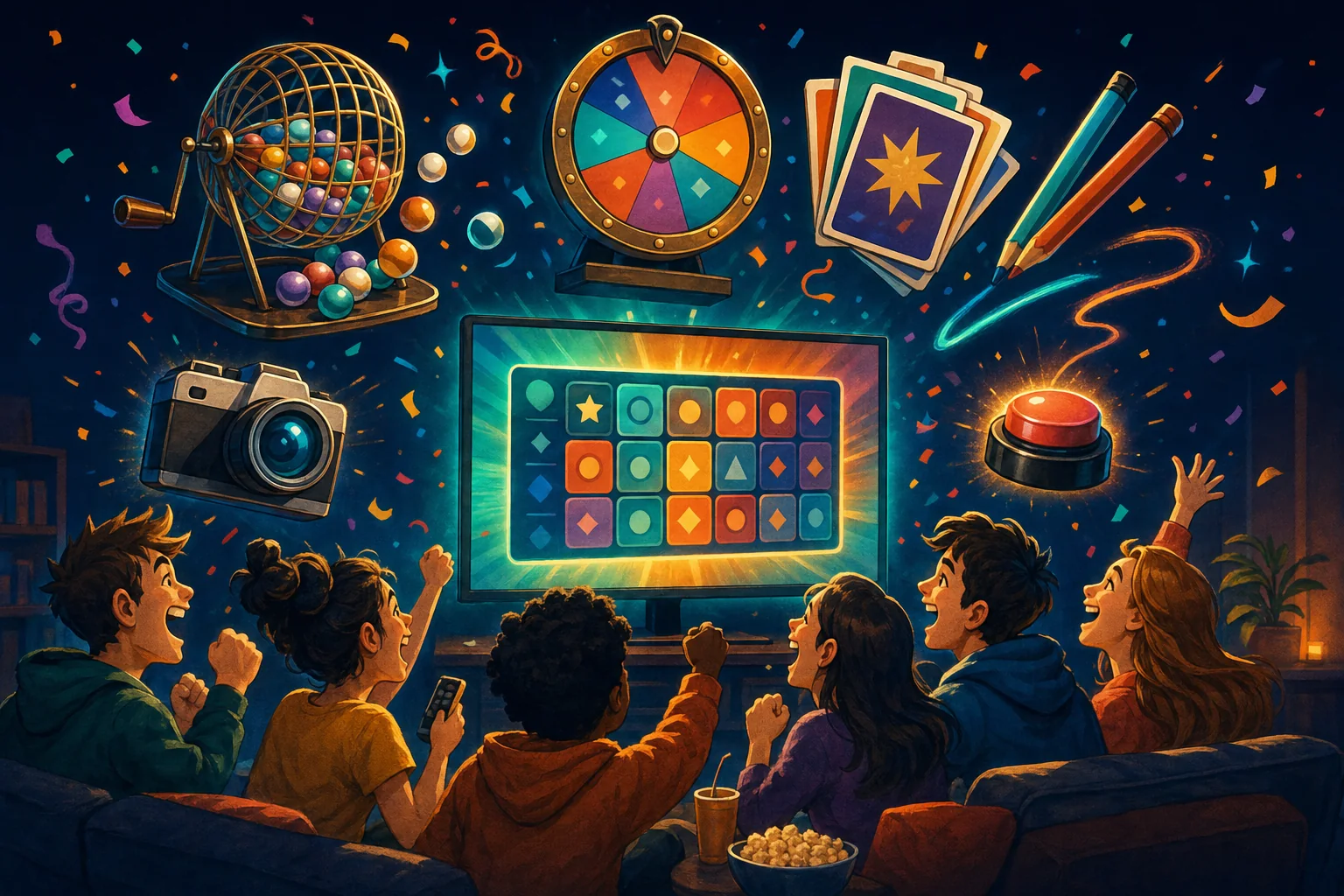 Bingo, a prize wheel, trivia cards, pencils, a camera and a buzzer floating around a glowing TV