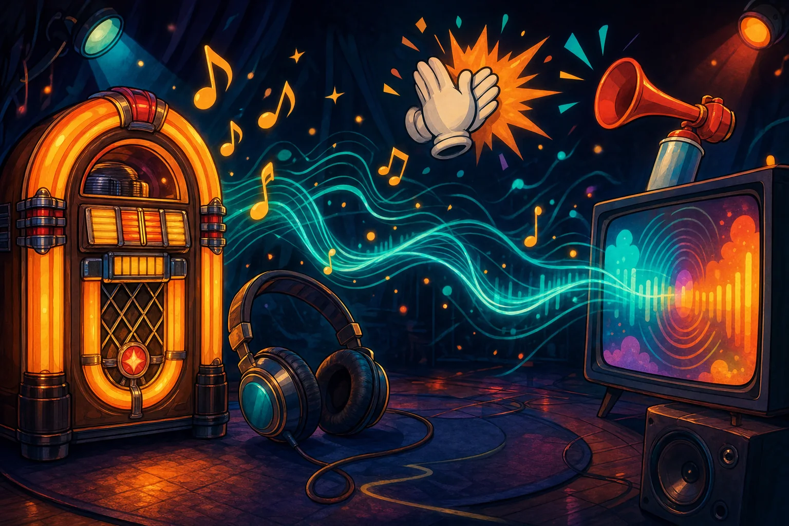 A jukebox, musical notes and sound waves flowing toward a TV