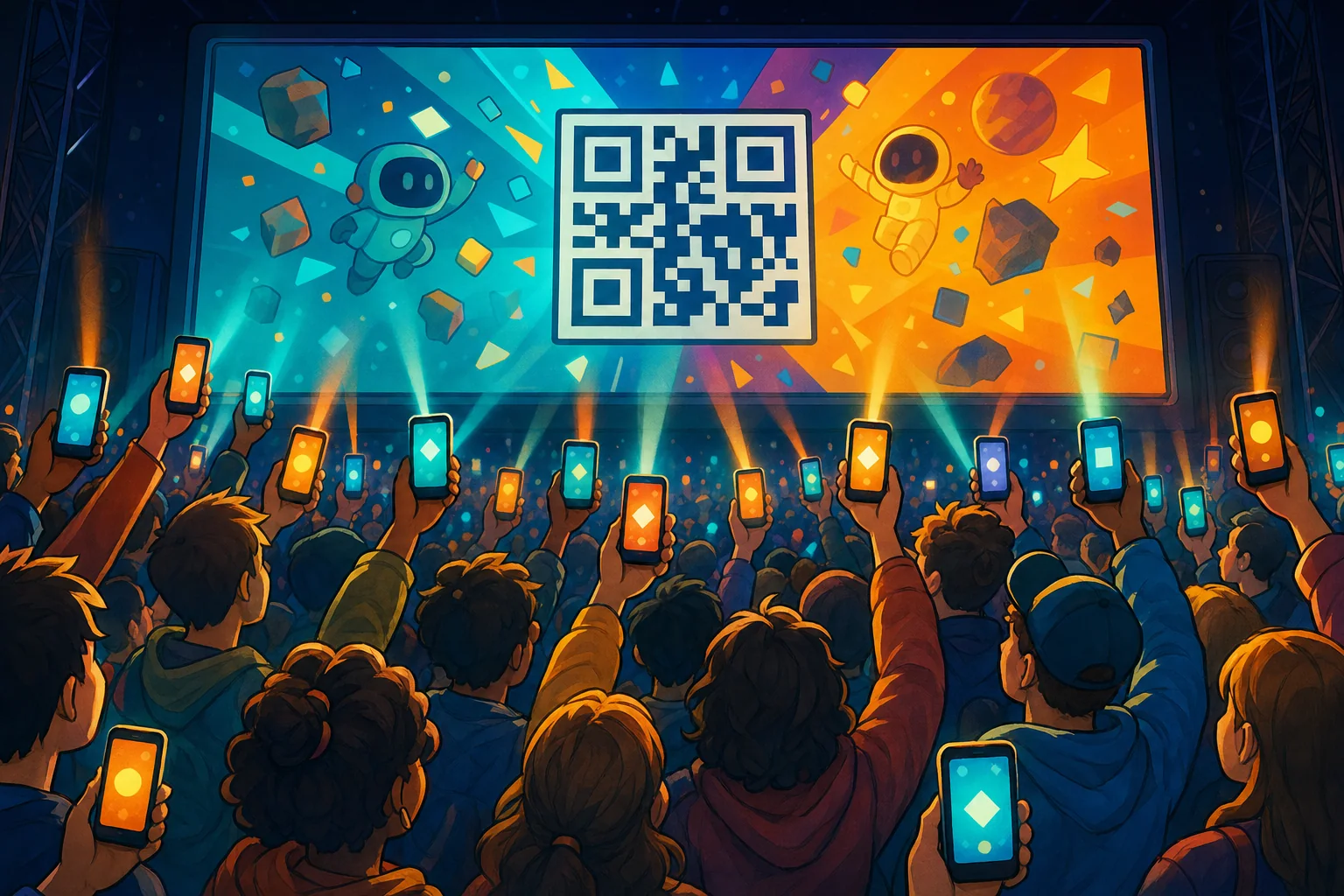 A crowd holding up glowing phones toward a huge TV during a game
