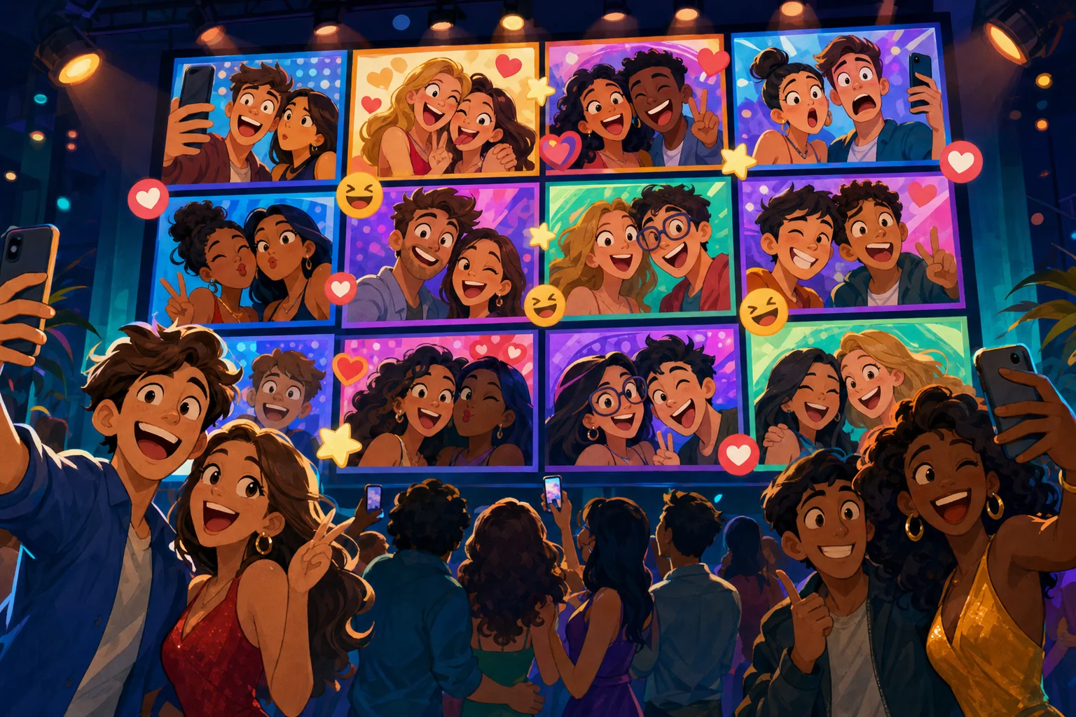 A TV wall of selfies and reactions with guests posing with their phones