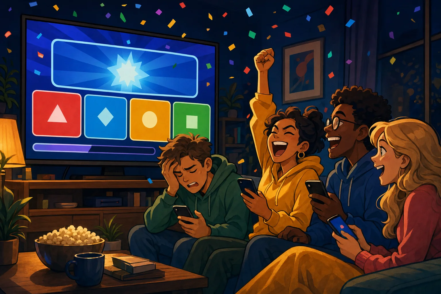 Friends on a couch playing trivia on the living-room TV