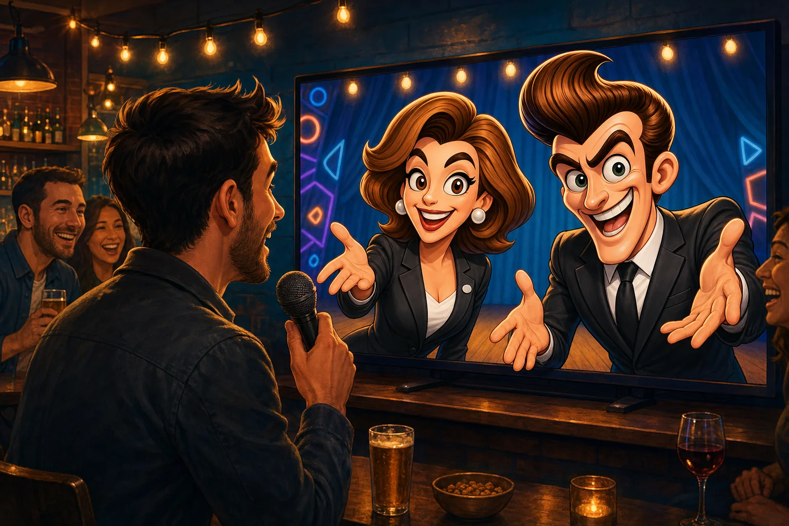A host talking into a microphone while two animated AI cohosts answer from a bar TV