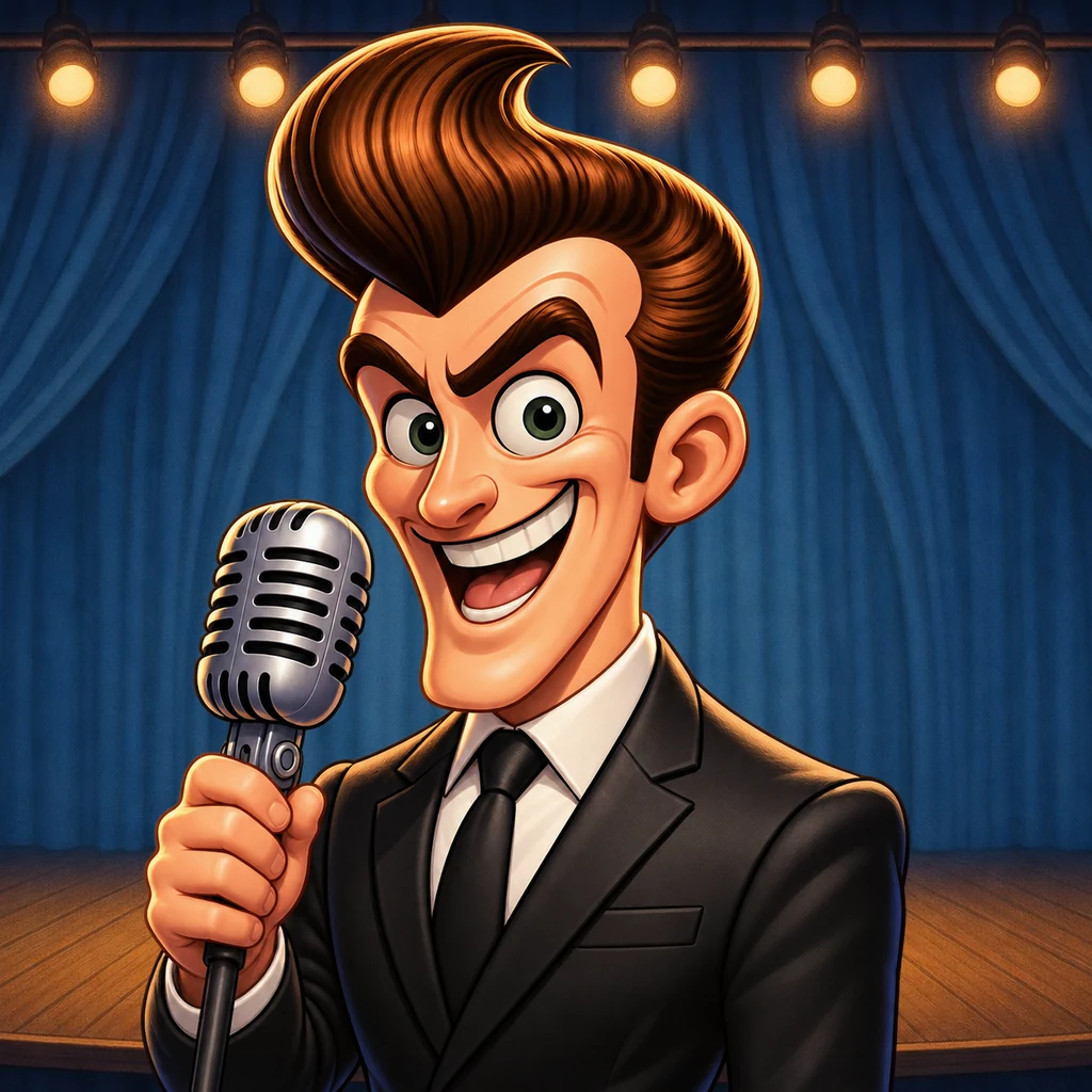 Barney Bartflast, an animated AI cohost with a tall brown pompadour in a black suit, holding a vintage microphone on a stage