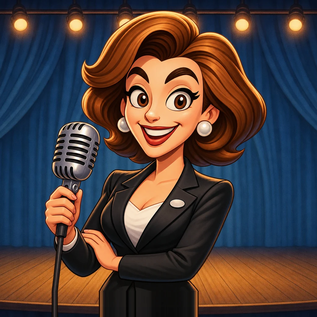 Sally Sharp, an animated AI cohost with wavy brown hair, pearl earrings and a black blazer, holding a vintage microphone on a stage